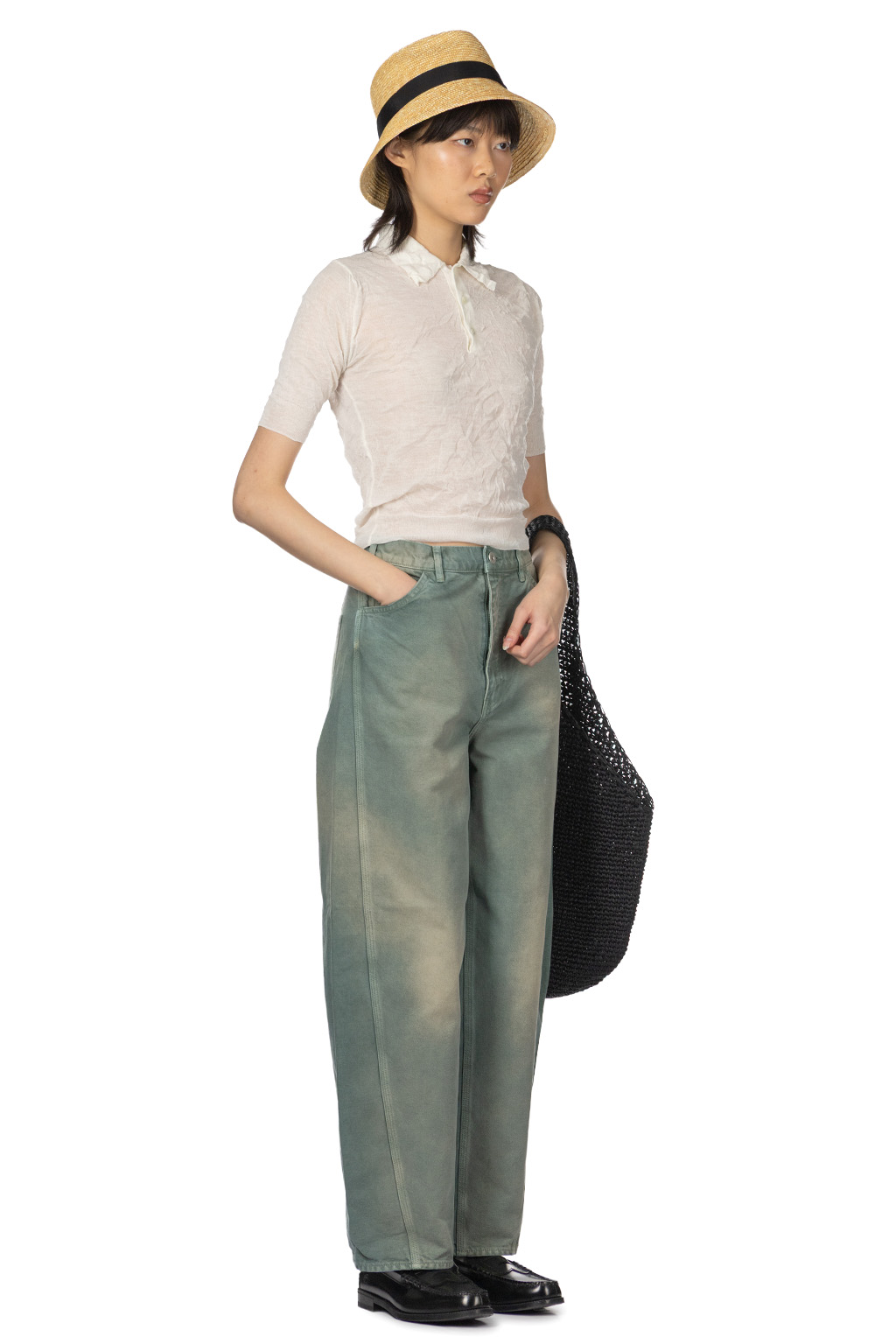 AURALEE - Wrinkled Wool Polyster High Gauge Knit Polo - Ivory White