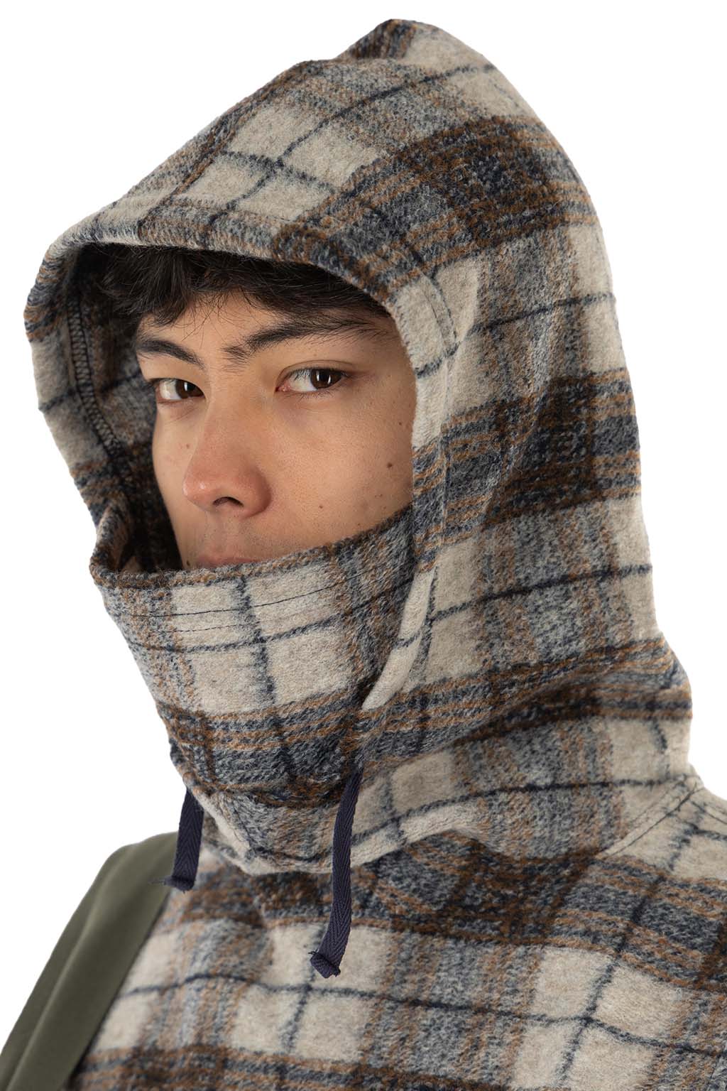 Engineered Garments - Hooded Interliner - Khaki Navy Poly Wool Knit Plaid