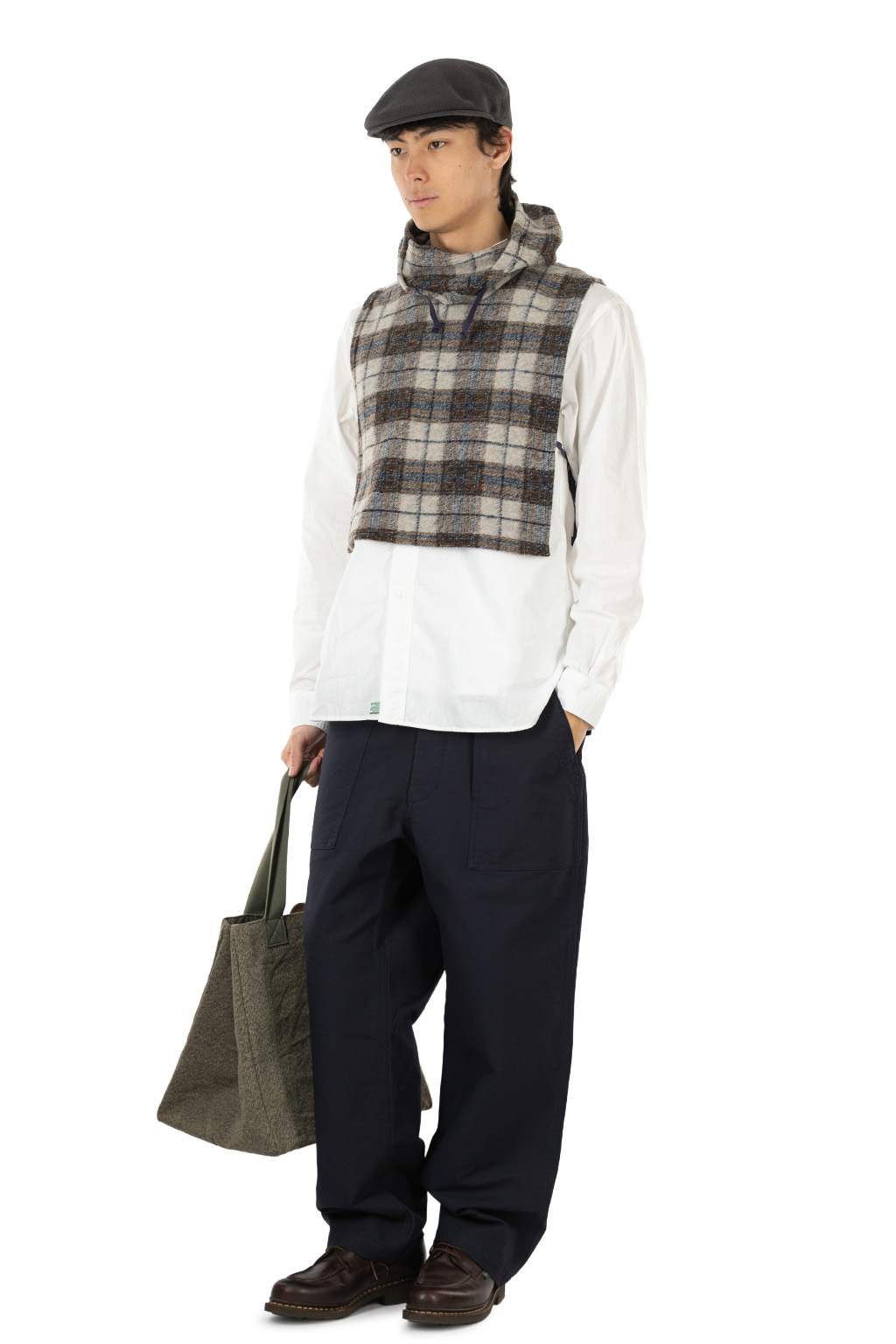 Engineered Garments - Hooded Interliner - Khaki Navy Poly Wool Knit Plaid
