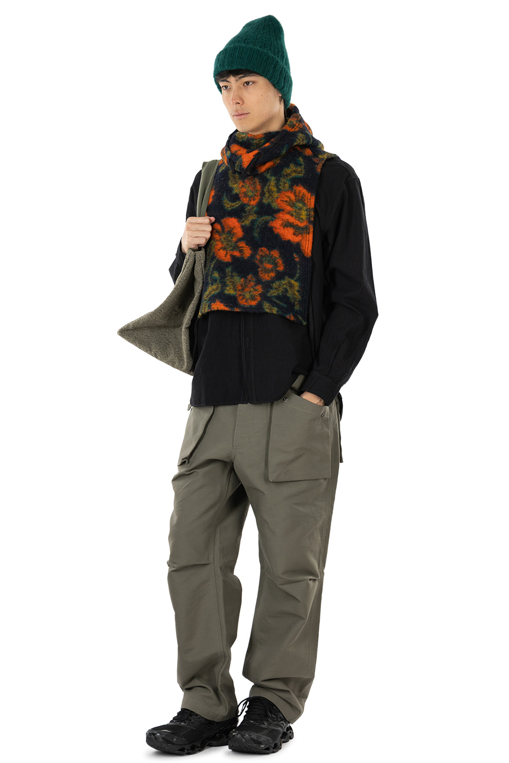 Engineered Garments - Hooded Interliner - Navy Orange Floral Knit Jacquard
