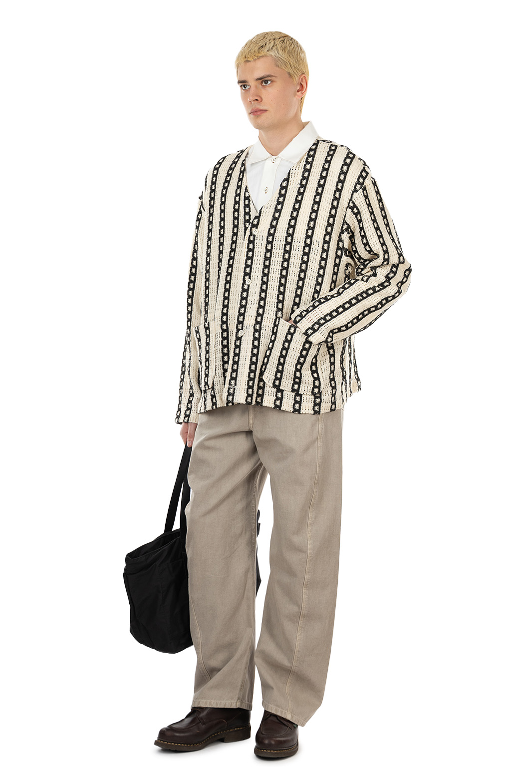 Engineered Garments - Knit Cardigan - White Black Stripe CP Crochet