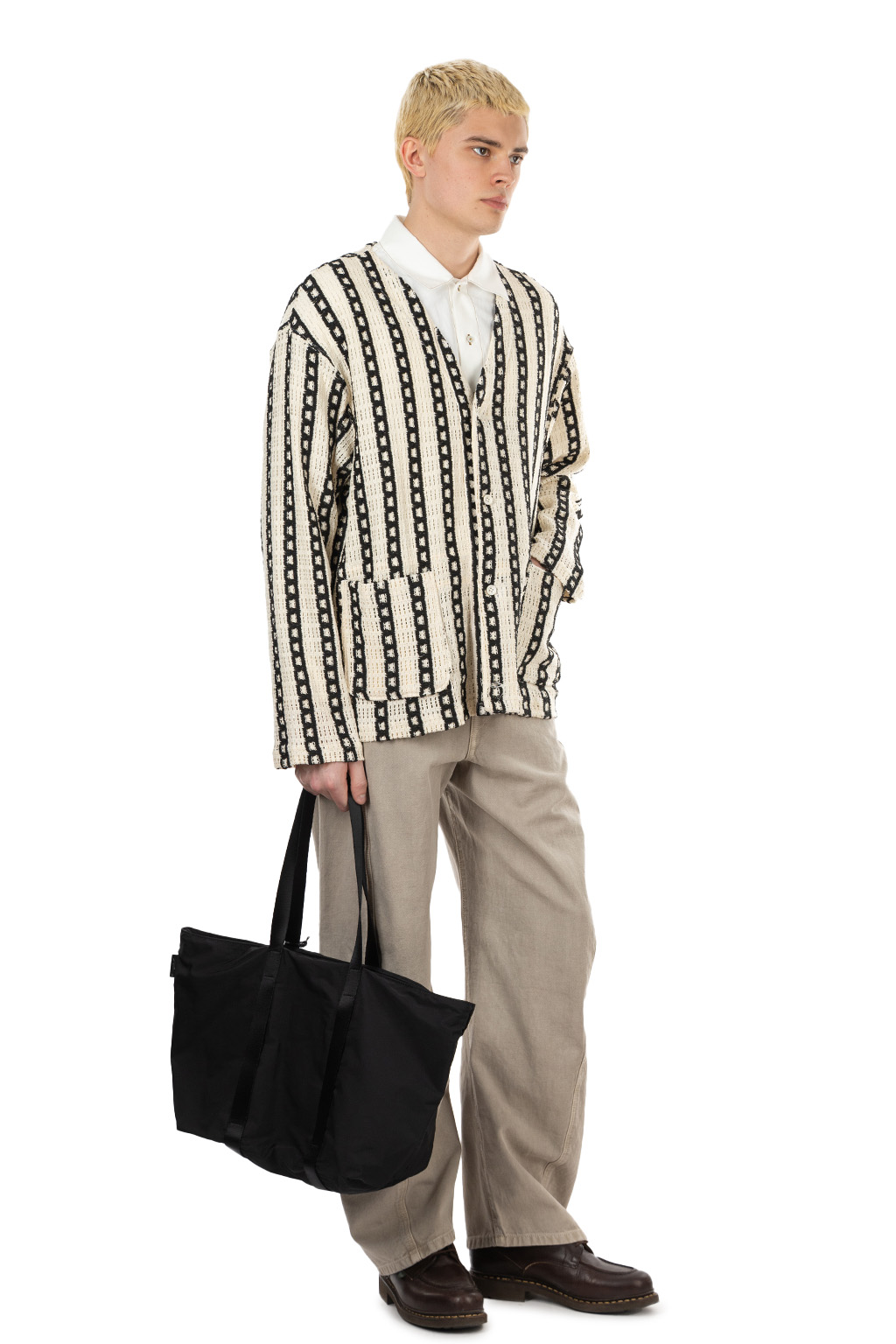 Engineered Garments - Knit Cardigan - White Black Stripe CP Crochet