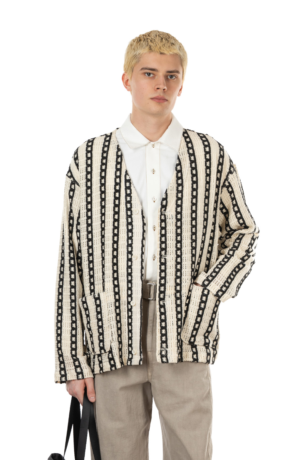 Engineered Garments - Knit Cardigan - White Black Stripe CP Crochet