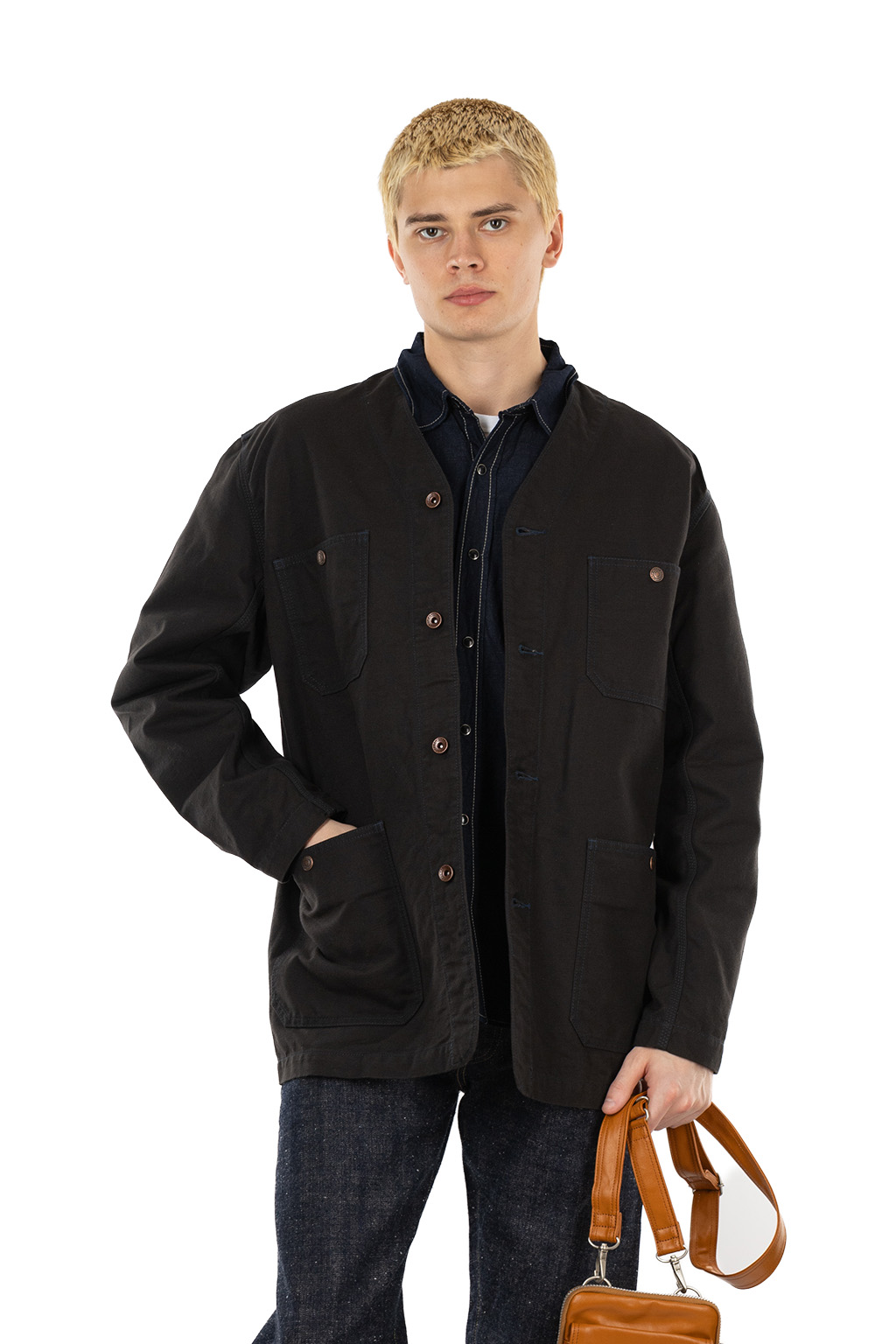 Iron Heart - 13.5oz Duck Collarless Chore Jacket - Black