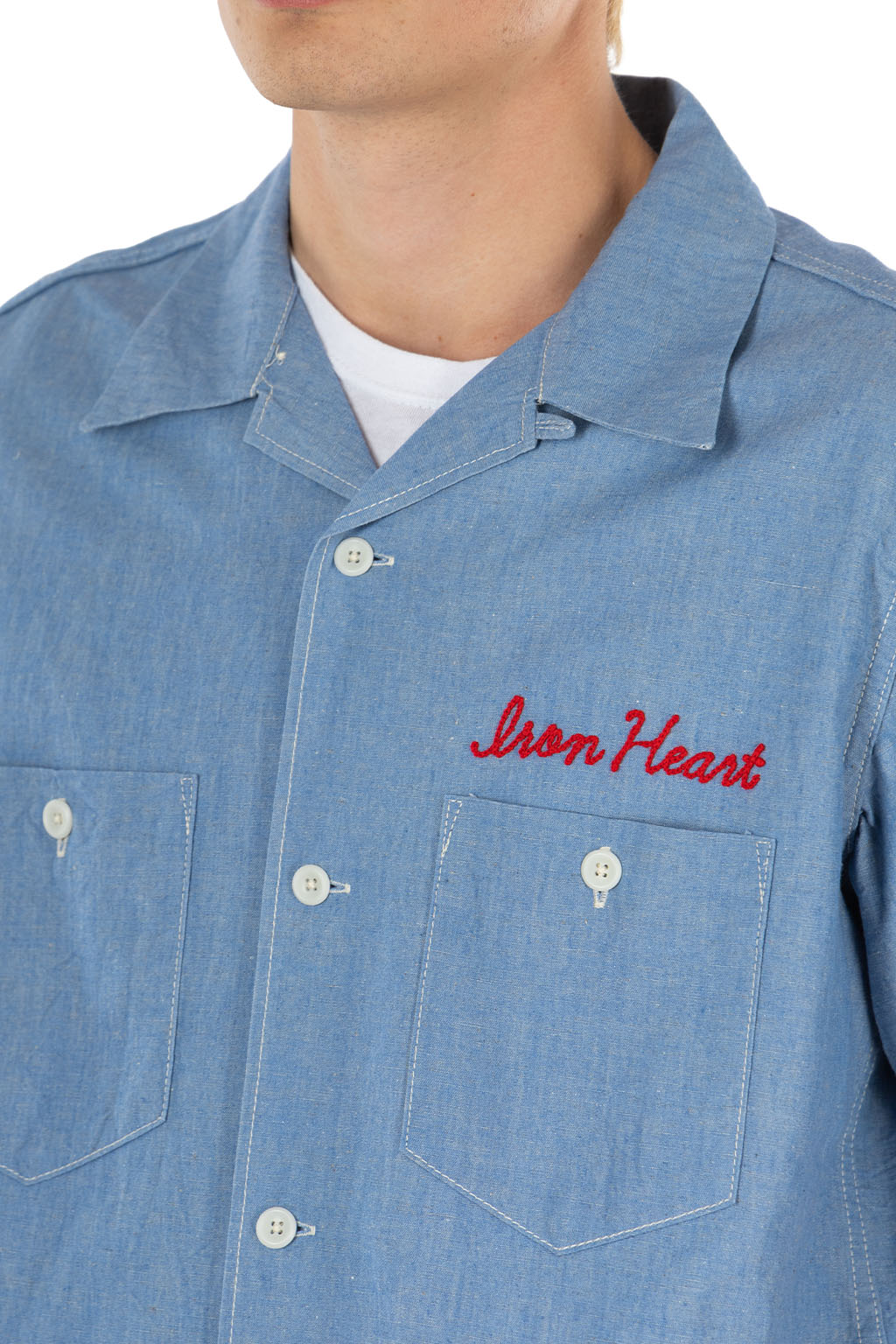 Iron Heart - 5oz Cotton Linen Open Collar SS Shirt - Sax Blue