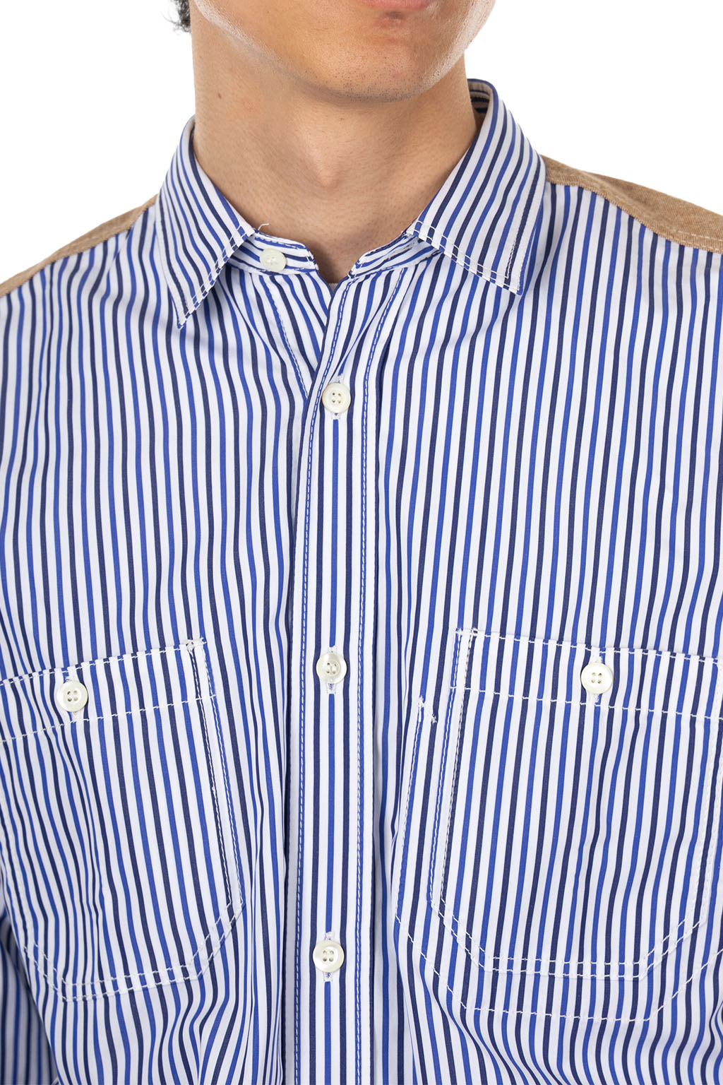 Junya Watanabe MAN - Stripe x Check Shirt - White Navy Blue x Beige
