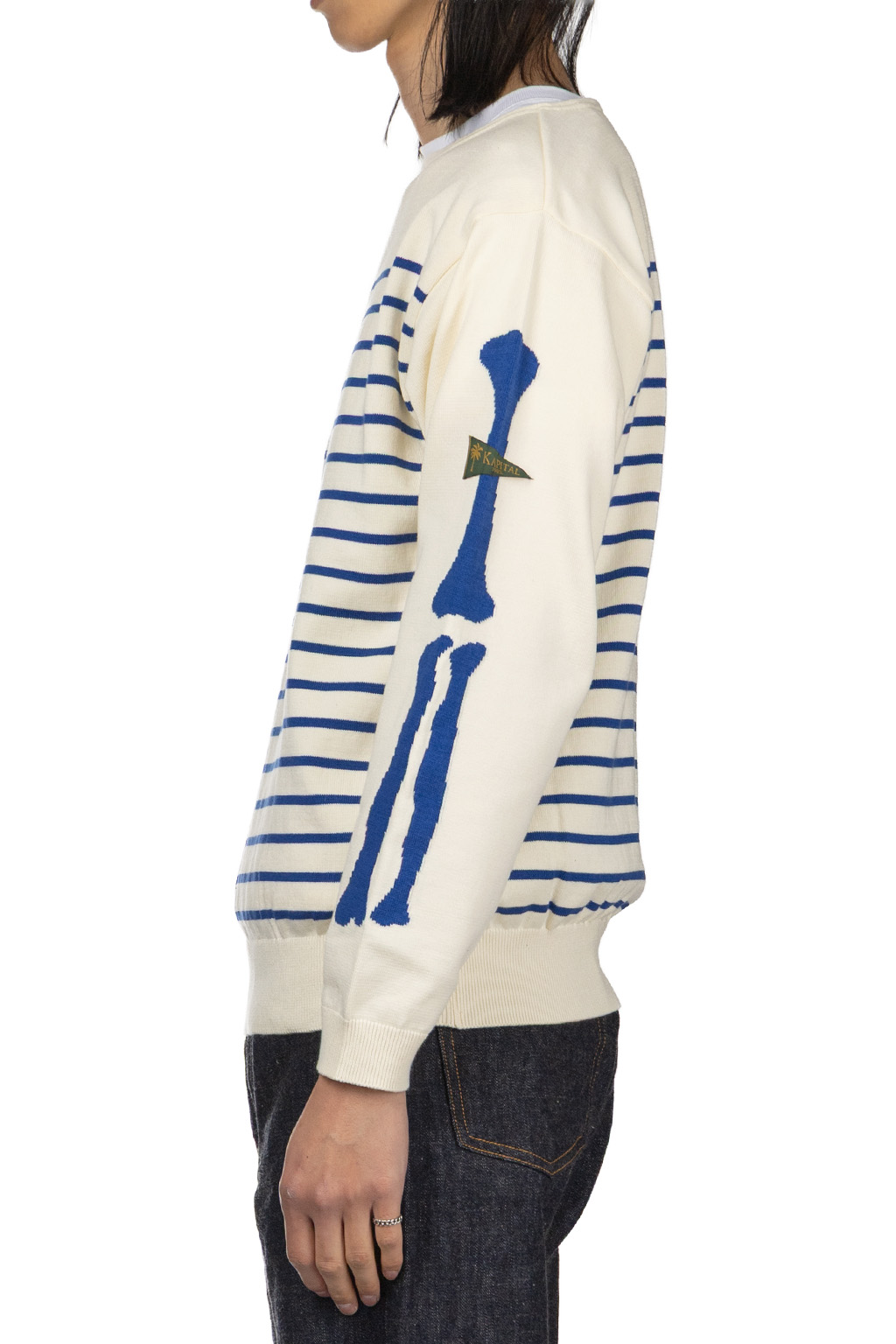 Kapital - 12G Panel Stripe Knit Boat Neck Sweater - Ecru x Blue