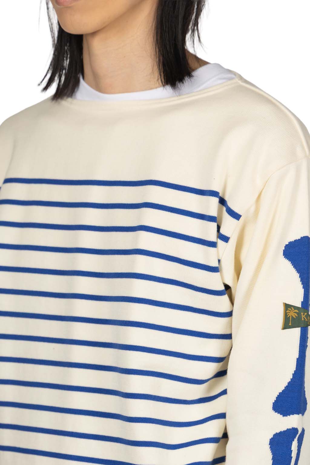 Kapital - 12G Panel Stripe Knit Boat Neck Sweater - Ecru x Blue
