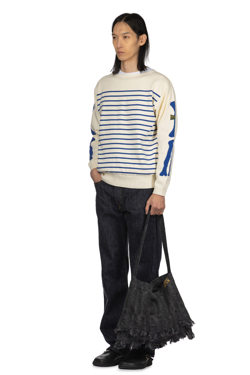 Kapital - 12G Panel Stripe Knit Boat Neck Sweater - Ecru x Blue