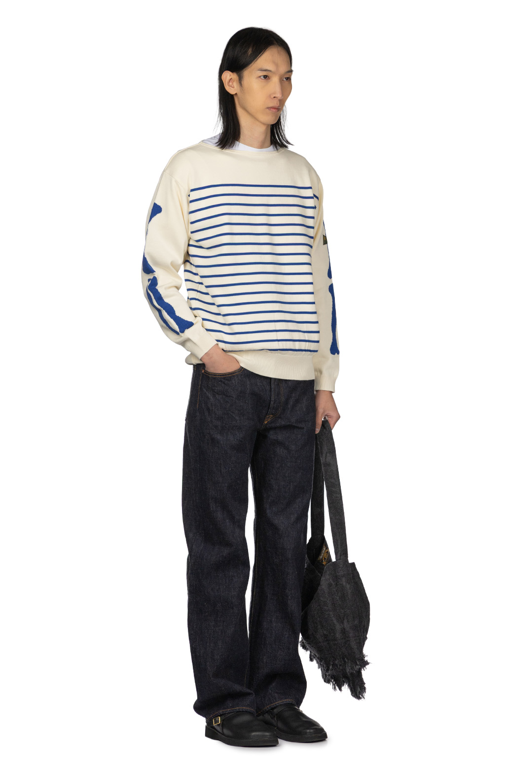Kapital - 12G Panel Stripe Knit Boat Neck Sweater - Ecru x Blue