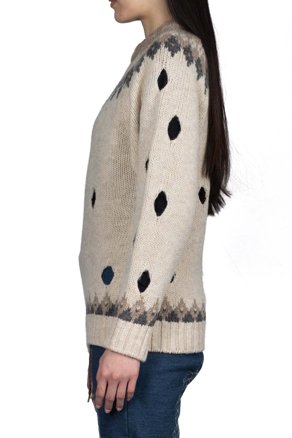 Kapital 3G Wool NORDIC Hole Punch Raglan Crew Sweater - Natural