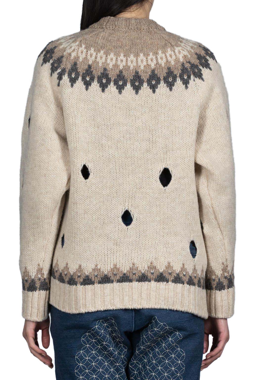 Kapital 3G Wool NORDIC Hole Punch Raglan Crew Sweater - Natural