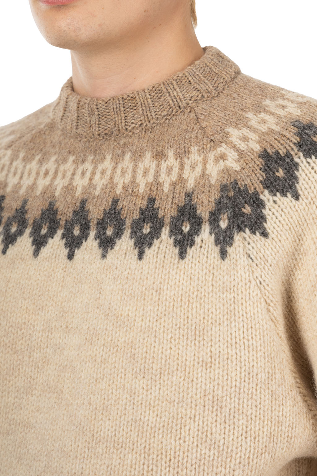 Kapital 3G Wool NORDIC Hole Punch Raglan Crew Sweater - Natural