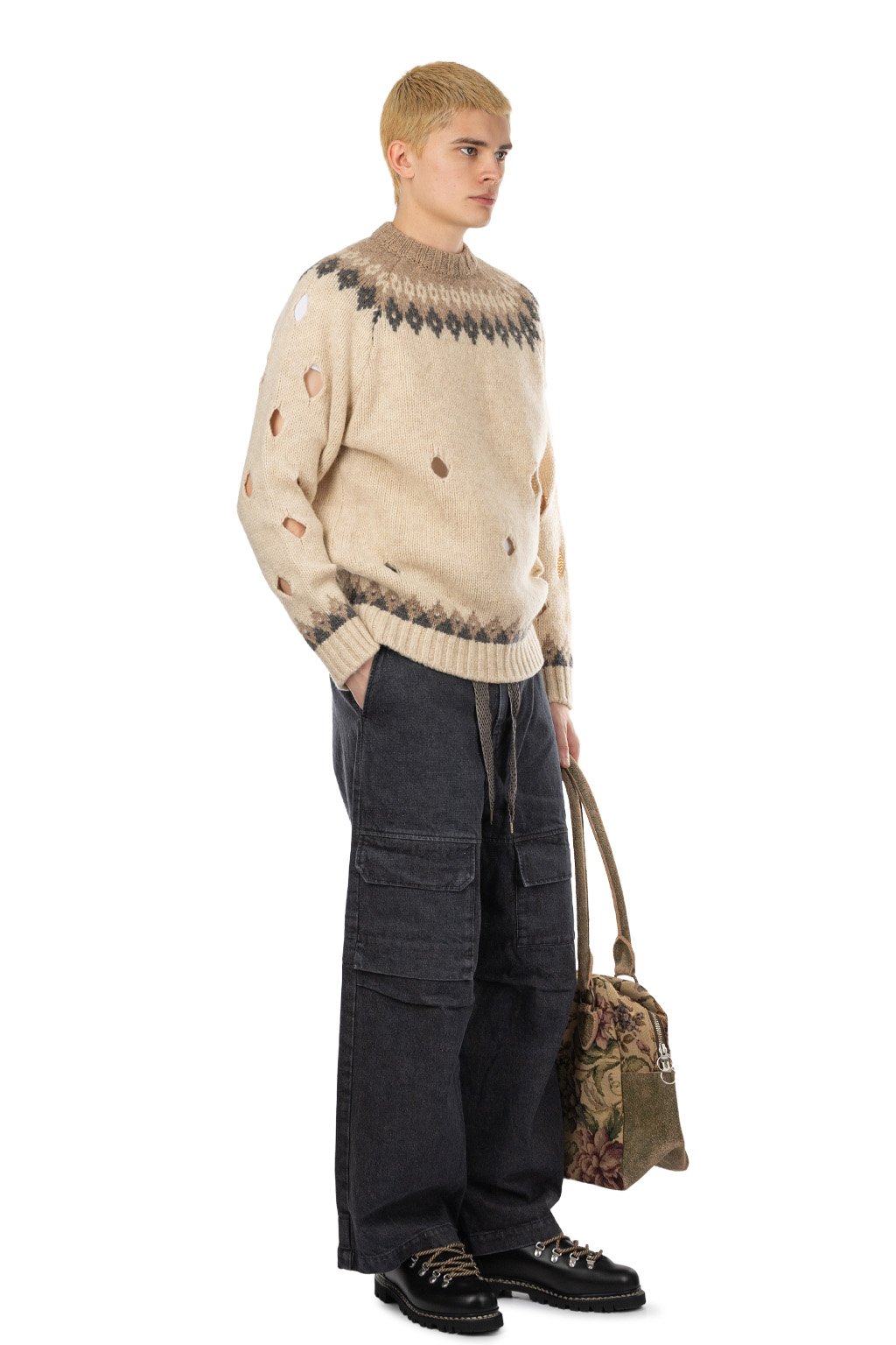 Kapital 3G Wool NORDIC Hole Punch Raglan Crew Sweater - Natural