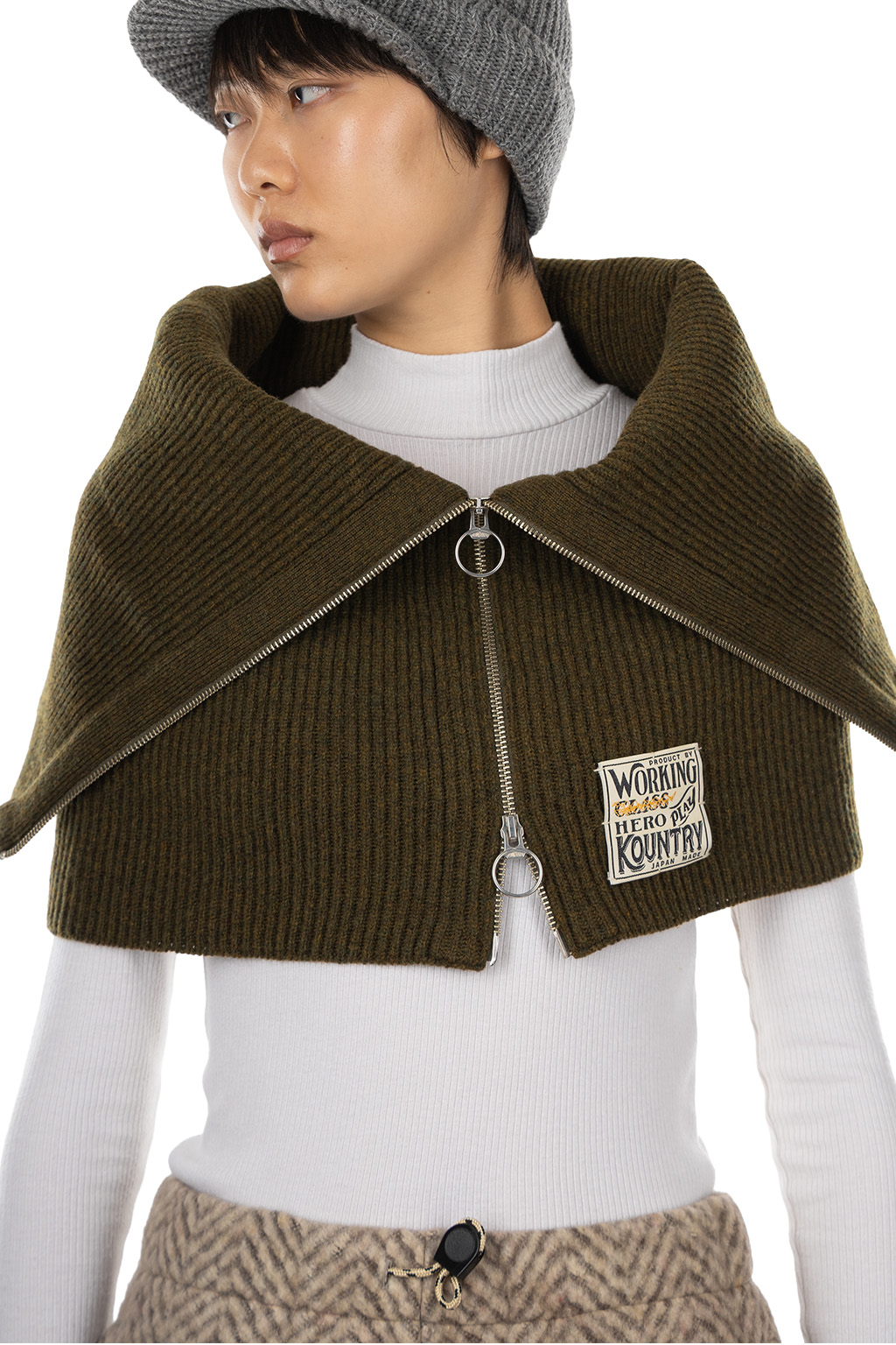 Kapital - 7G Rib Knit ZIP UP Cape - Khaki