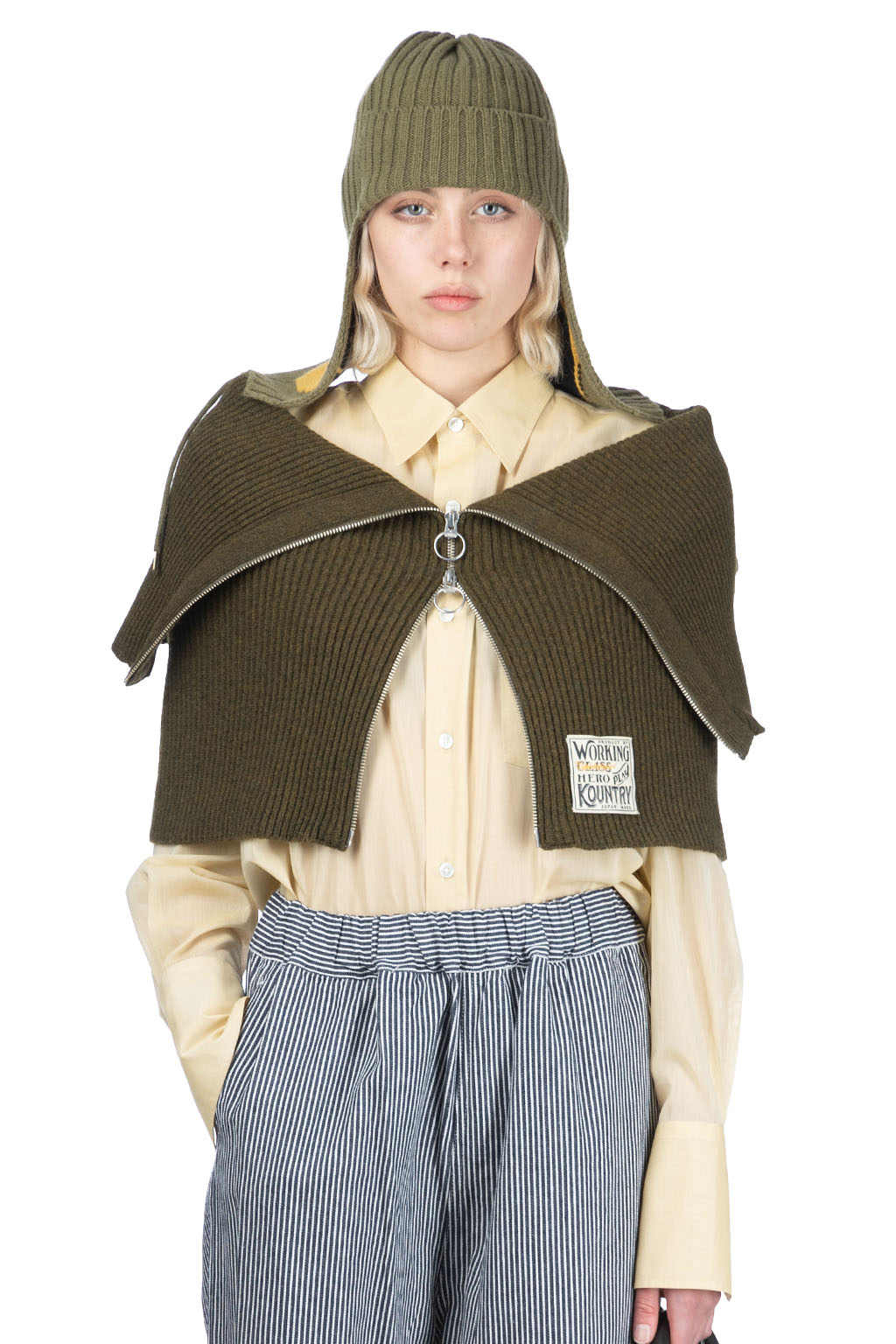 Kapital - 7G Rib Knit ZIP UP Cape - Khaki