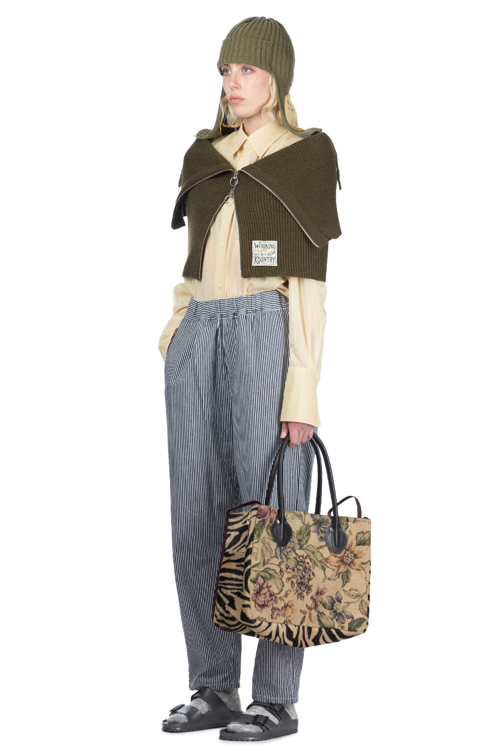 Kapital - 7G Rib Knit ZIP UP Cape - Khaki