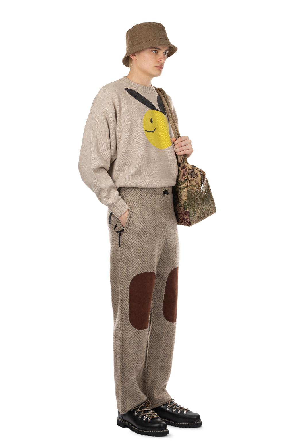 Kapital Herringbone Heavy Fleece Easy Tapered Pants - Beige x Khaki