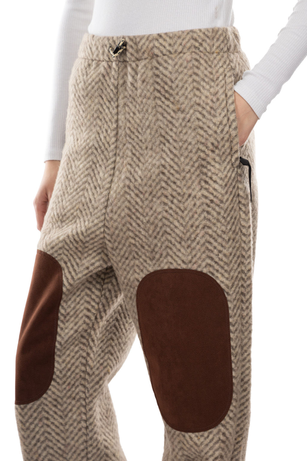 Kapital Herringbone Heavy Fleece Easy Tapered Pants - Beige x Khaki