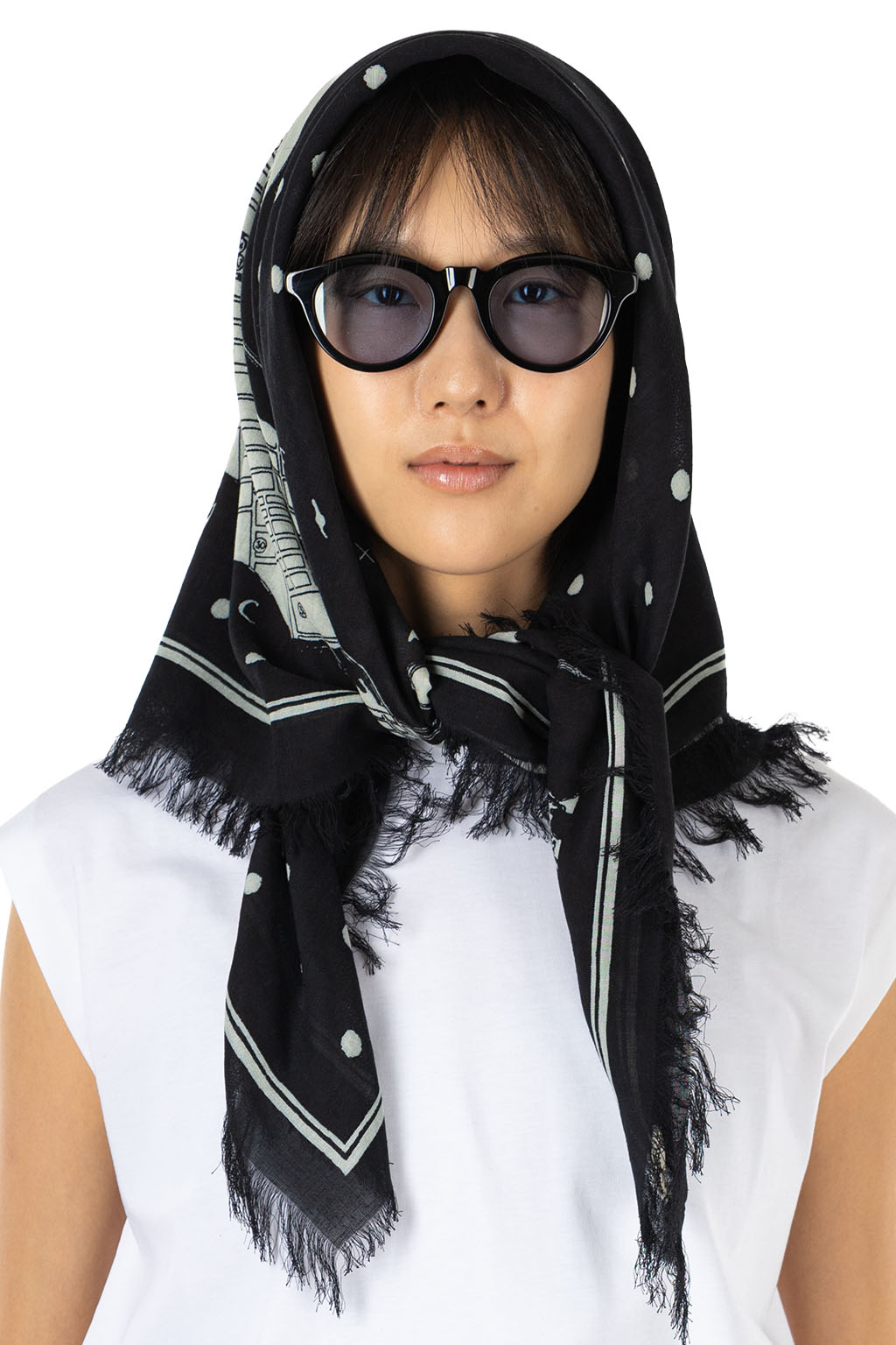 Kapital - Rayon Fringed Square Stole (KAYO HUESO) - Black