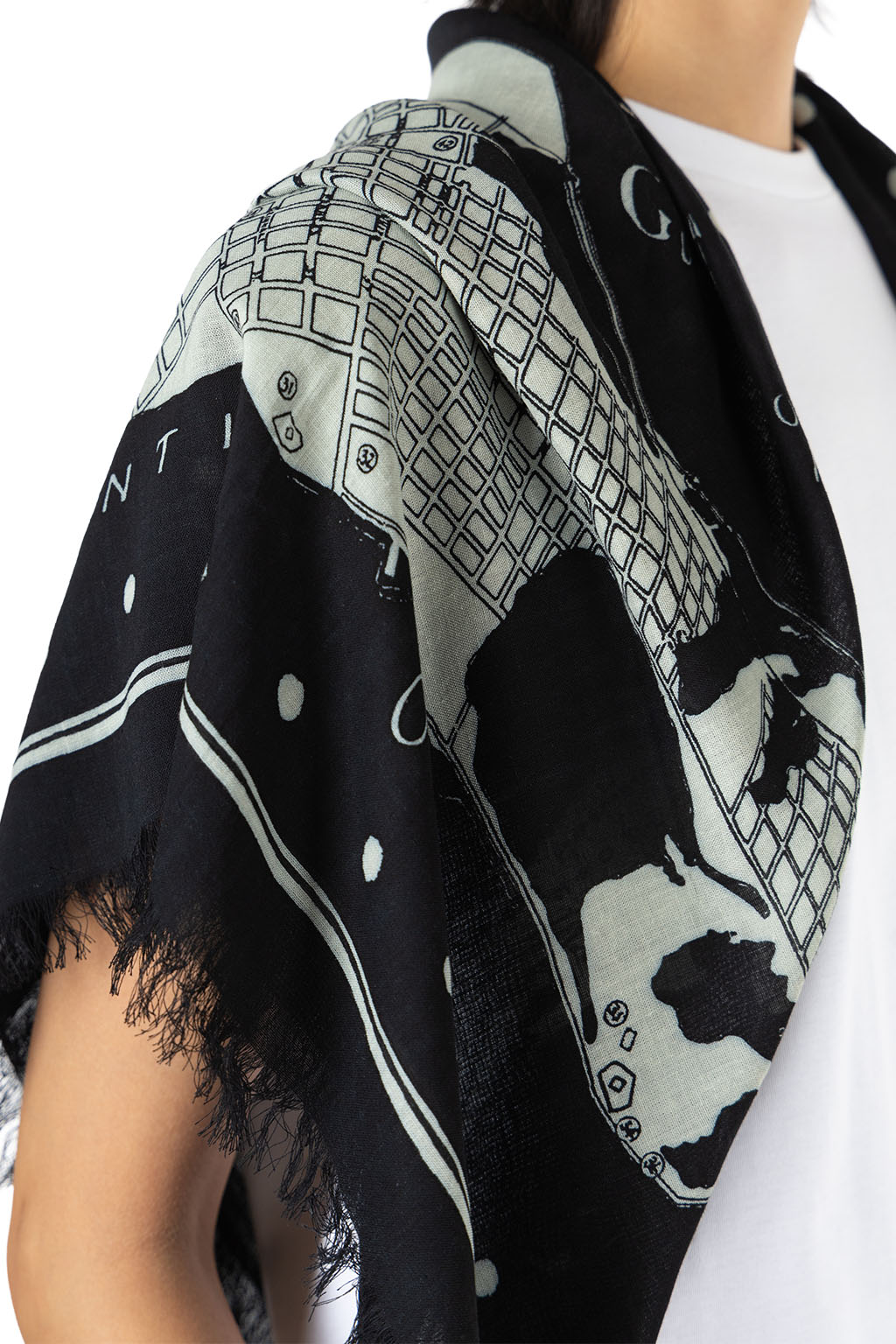 Kapital - Rayon Fringed Square Stole (KAYO HUESO) - Black
