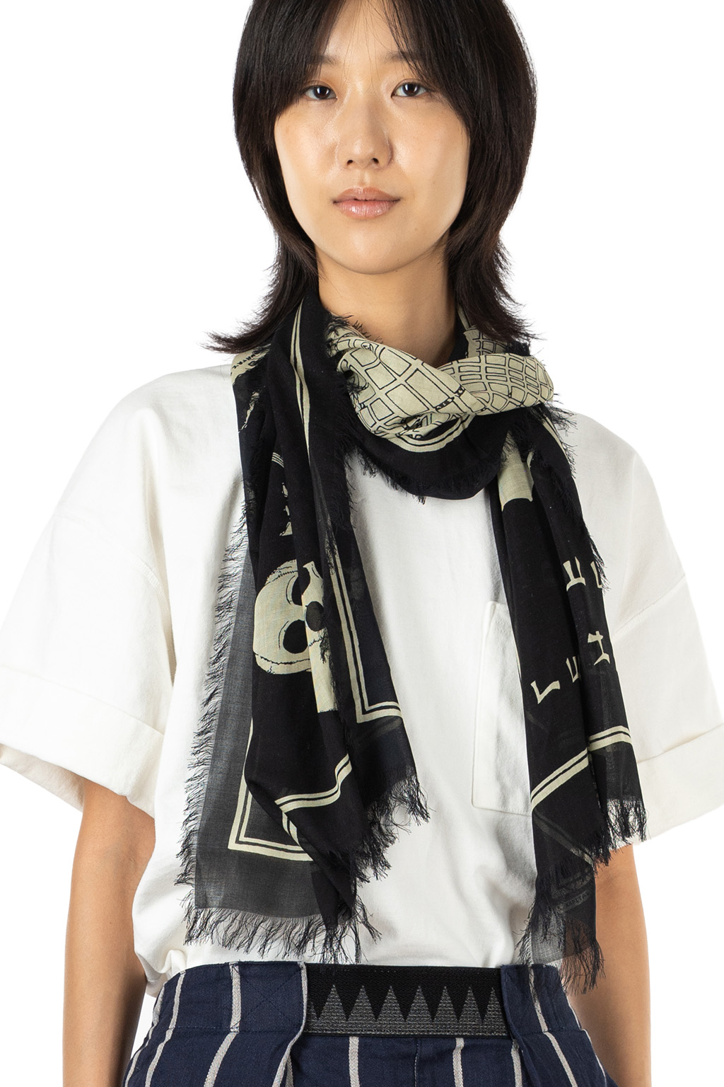 Kapital - Rayon Fringed Stole (KAYO HUESO) - Black