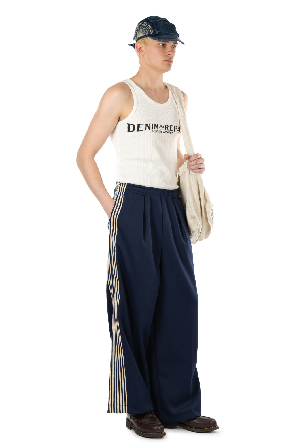 Kapital - Smooth Jersey Baggy Track Pants (Banner Stripe) - Navy