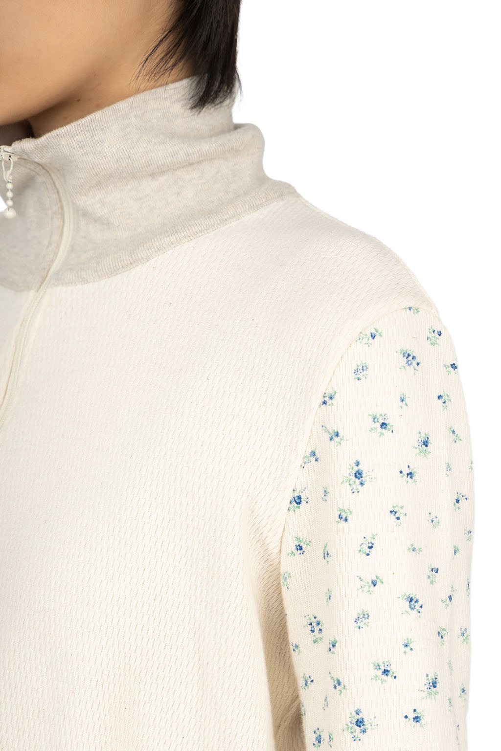 Kapital - Waffle Jersey Carico 2TONES Half-ZIP Cropped LS Tee - Blue