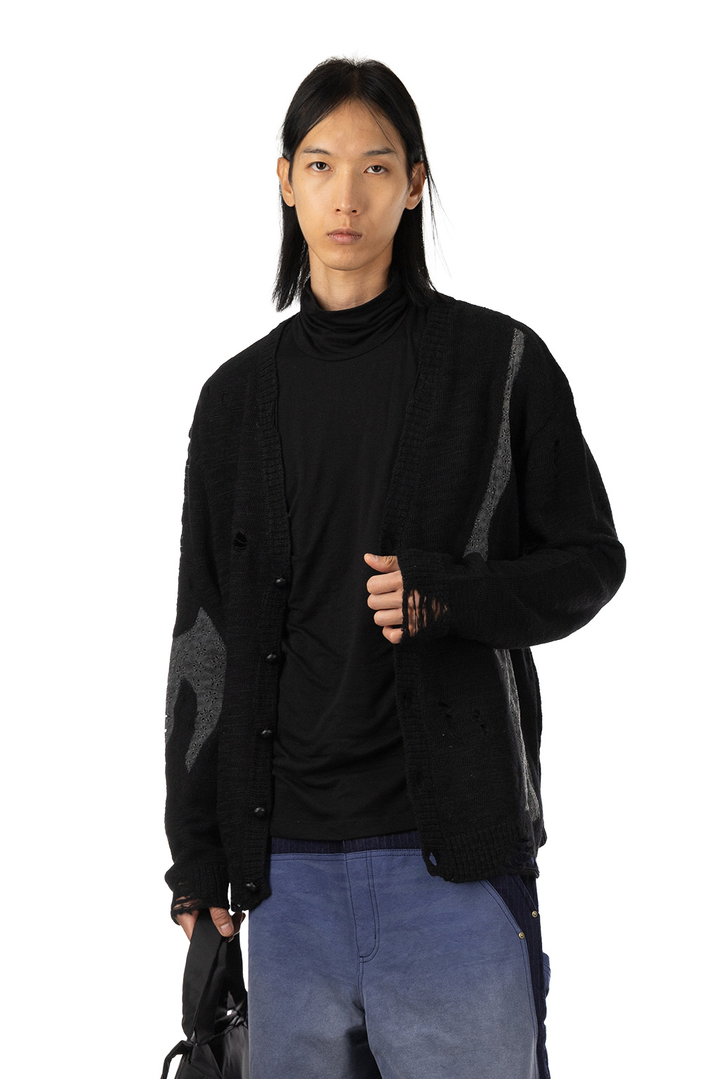 KHOKI - Needle Punched Lace Cardigan - Black