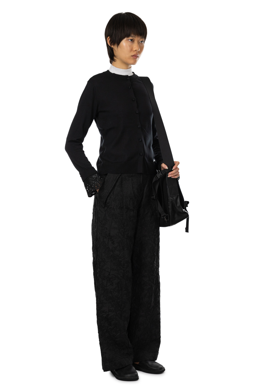 Mame Kurogouchi - Detachable Embroidery Cuff Knitted Cardigan - Black