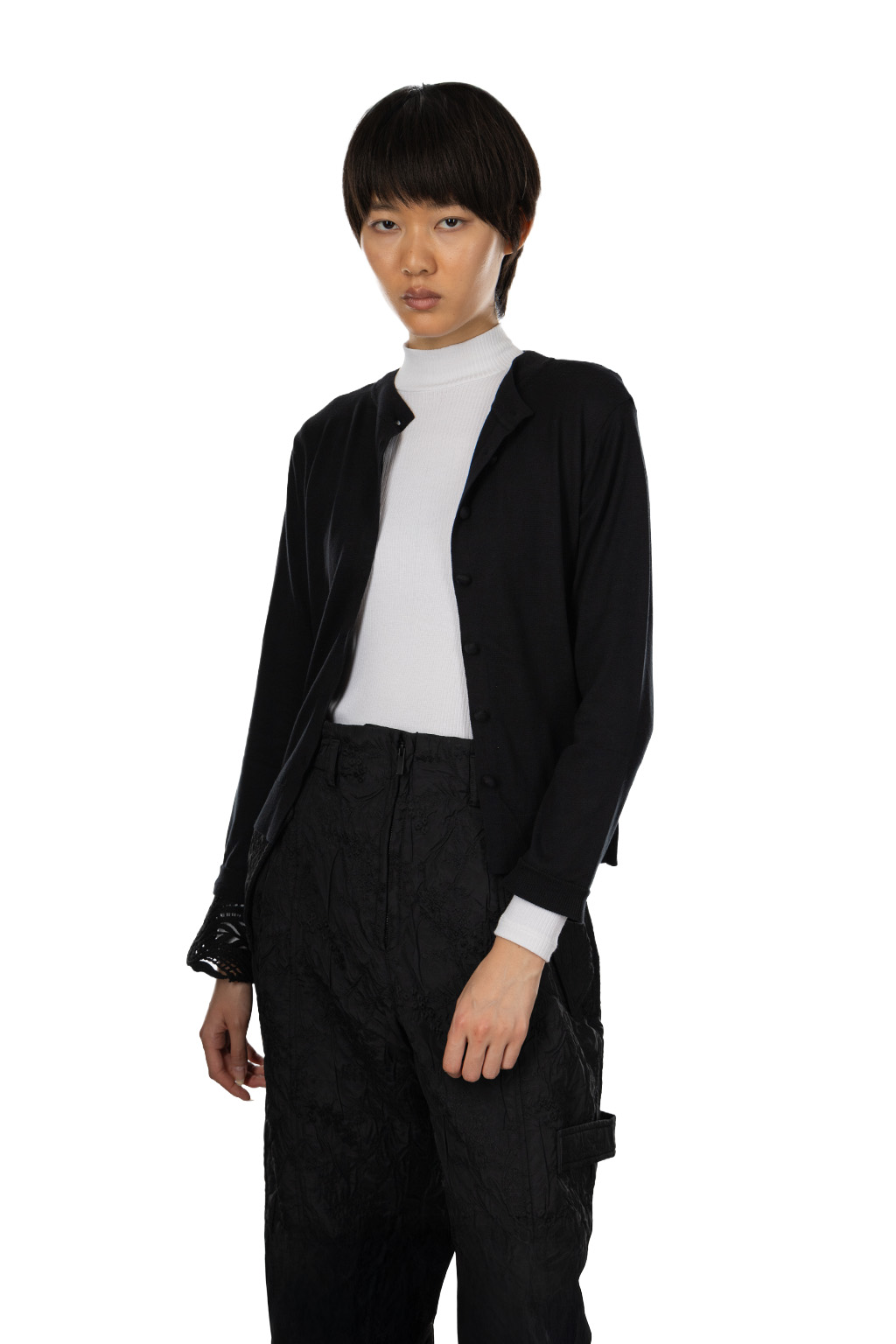 Mame Kurogouchi - Detachable Embroidery Cuff Knitted Cardigan - Black
