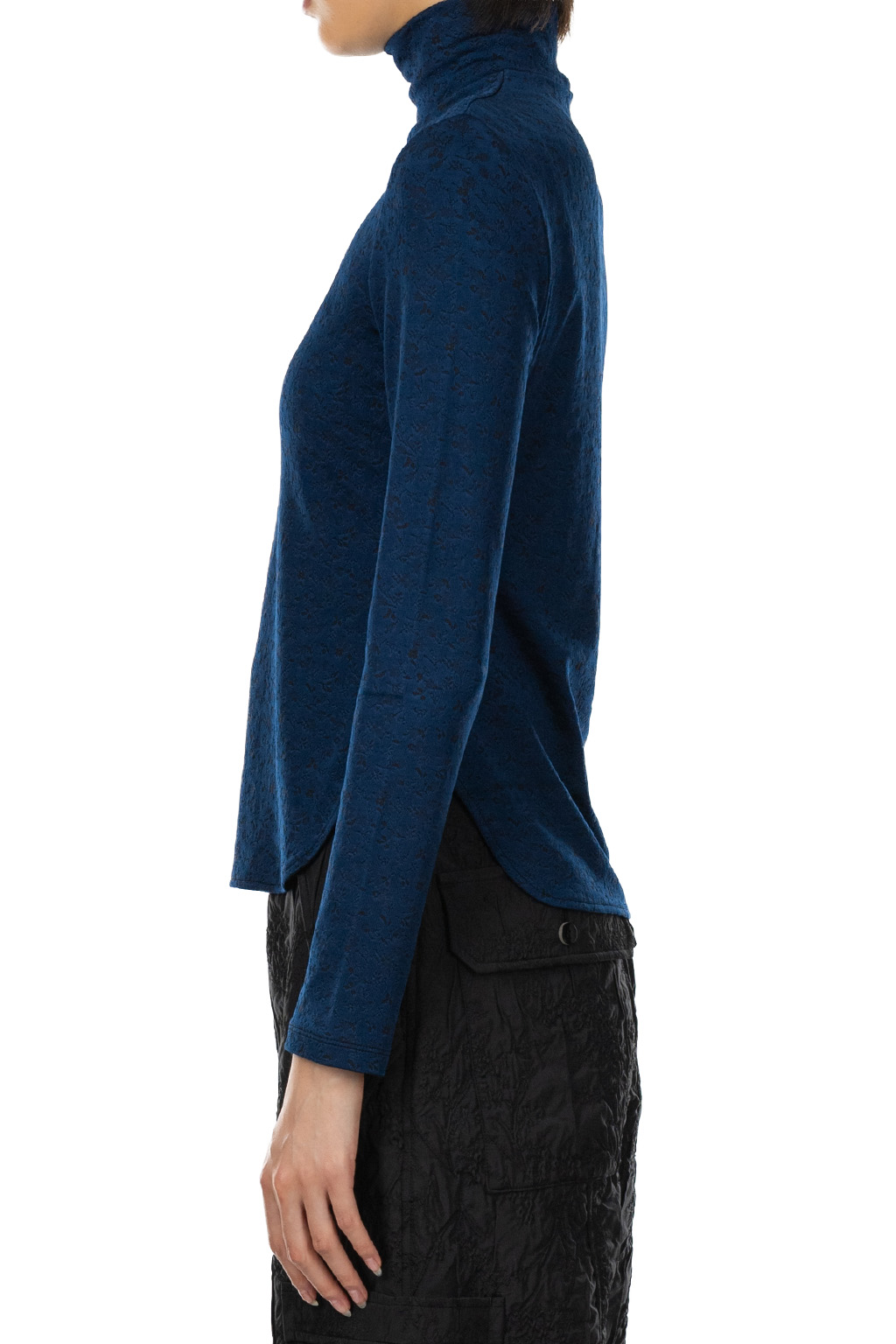 Mame Kurogouchi - Floral Jacquard Fraise Stitch High Neck Top - Navy