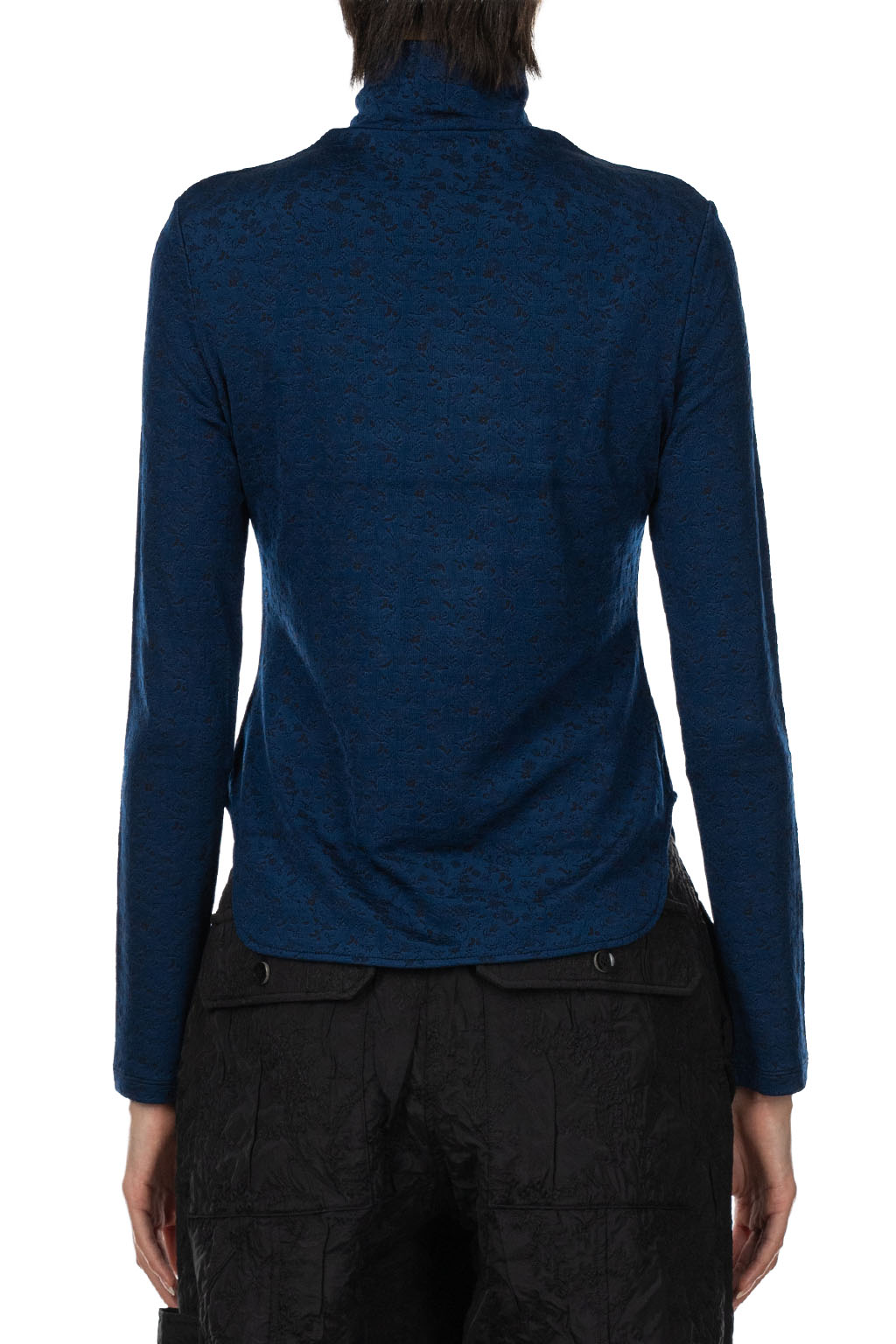 Mame Kurogouchi - Floral Jacquard Fraise Stitch High Neck Top - Navy