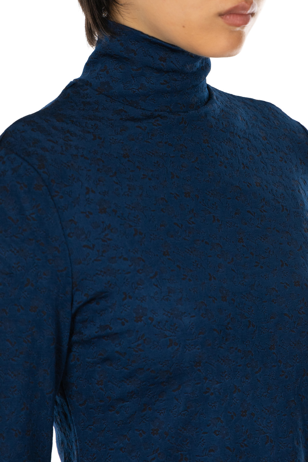 Mame Kurogouchi - Floral Jacquard Fraise Stitch High Neck Top - Navy