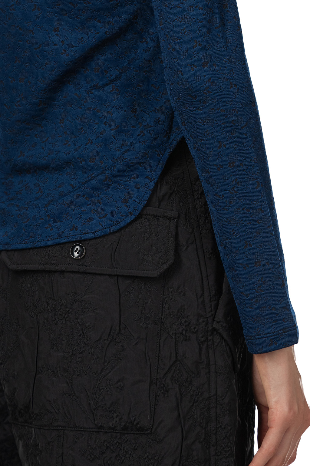 Mame Kurogouchi - Floral Jacquard Fraise Stitch High Neck Top - Navy