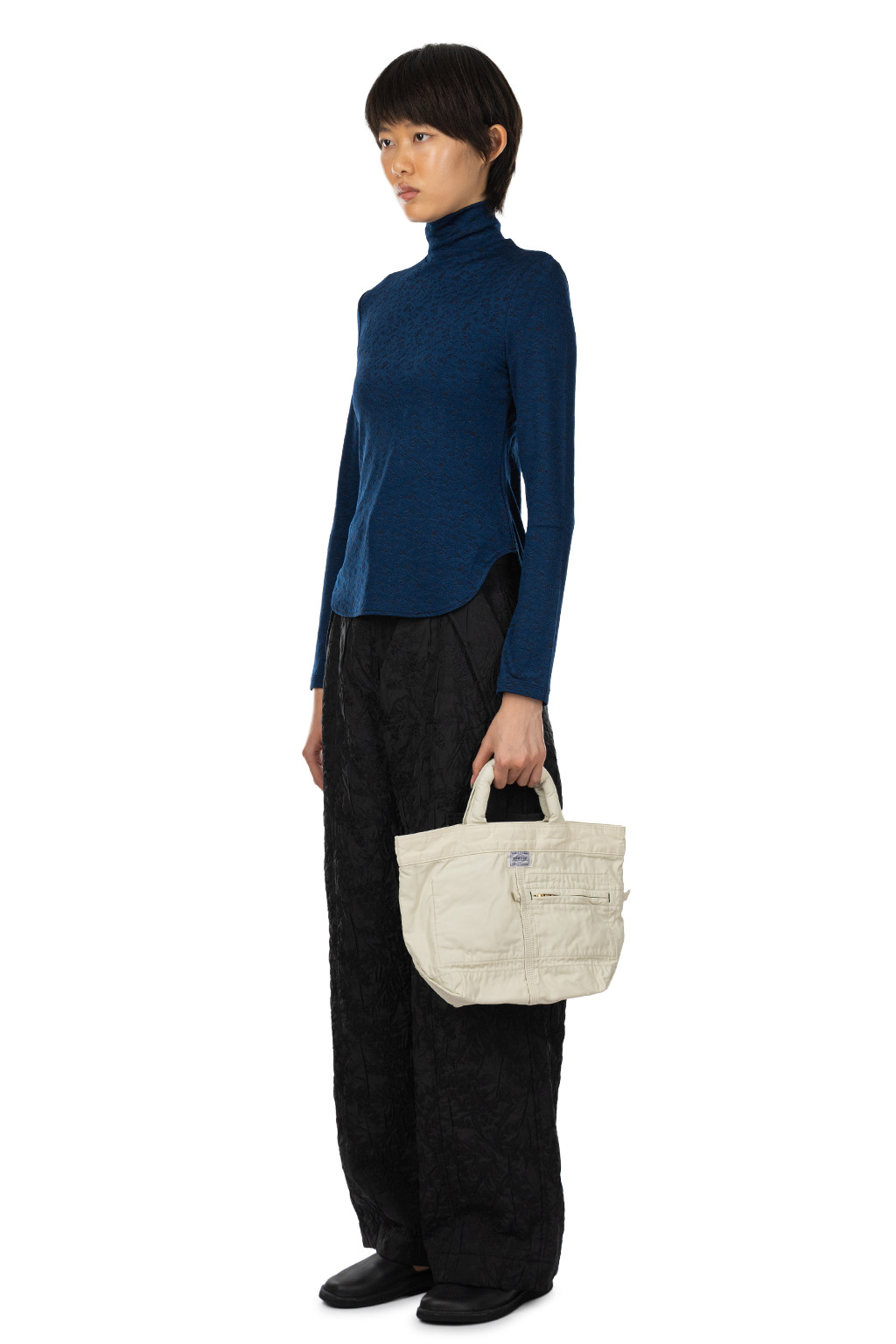 Mame Kurogouchi - Floral Jacquard Fraise Stitch High Neck Top - Navy