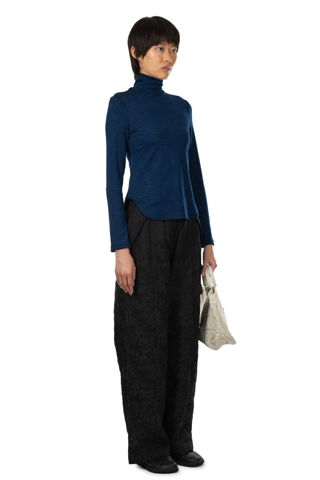 Mame Kurogouchi - Floral Jacquard Fraise Stitch High Neck Top - Navy