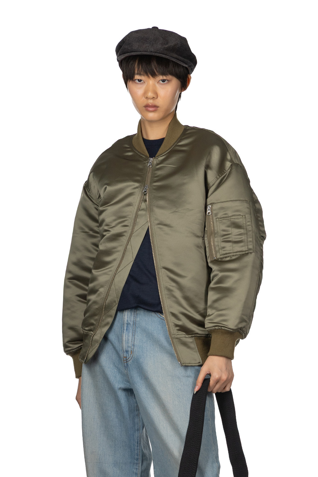 Manon - Heavy Satin Flight Jacket - Olive