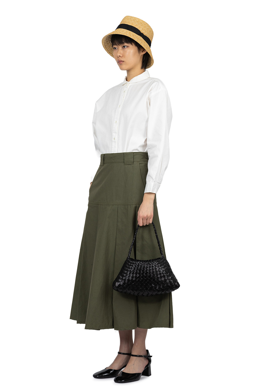 Manon - Lip Cloth Flare Tuck Skirt - Olive