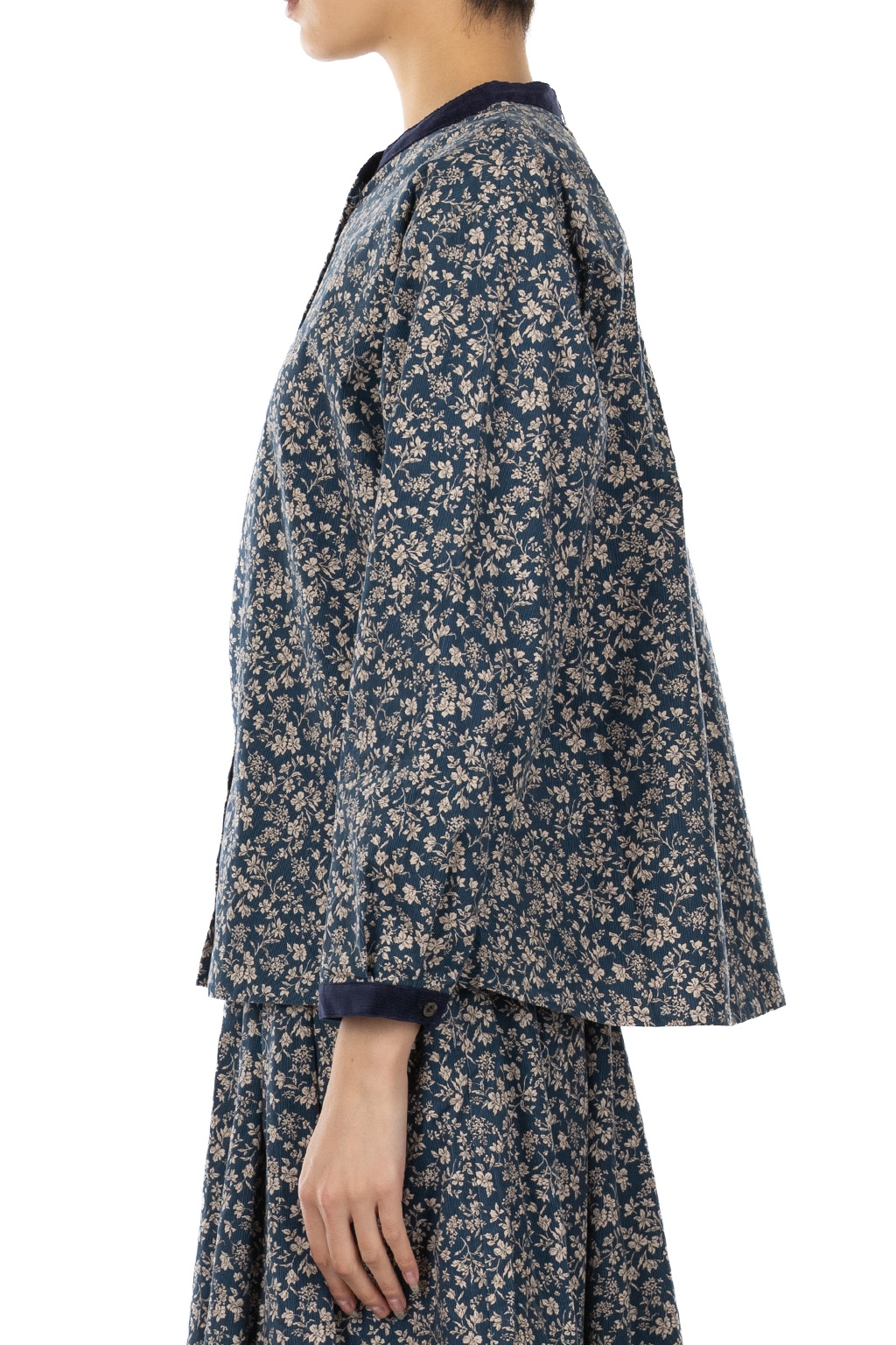 Nachukara - Corduroy Printed Band-Collar Blouse - Blue