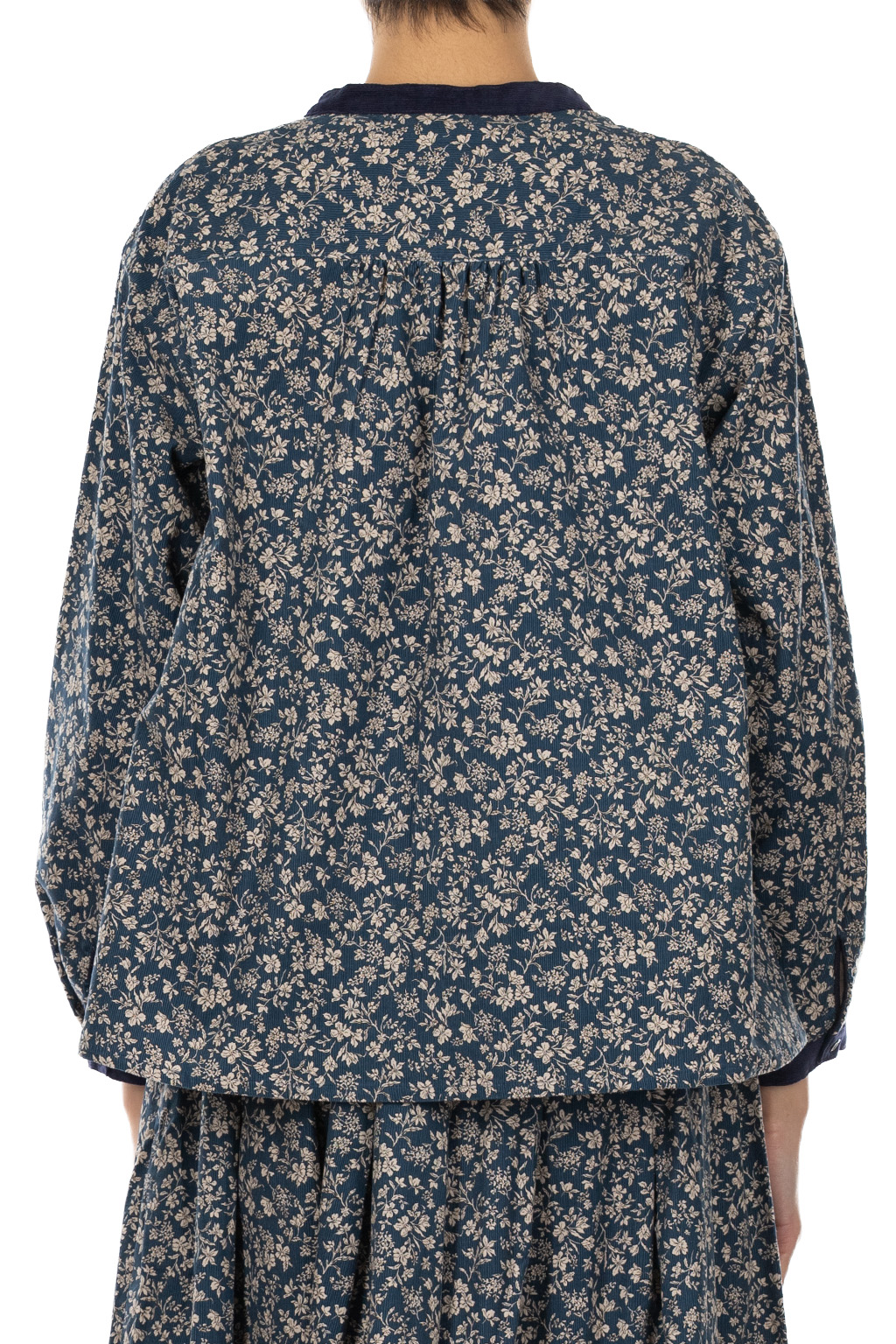 Nachukara - Corduroy Printed Band-Collar Blouse - Blue