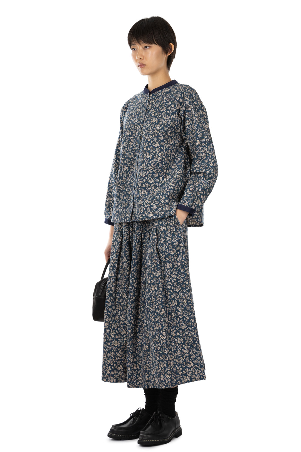 Nachukara - Corduroy Printed Band-Collar Blouse - Blue