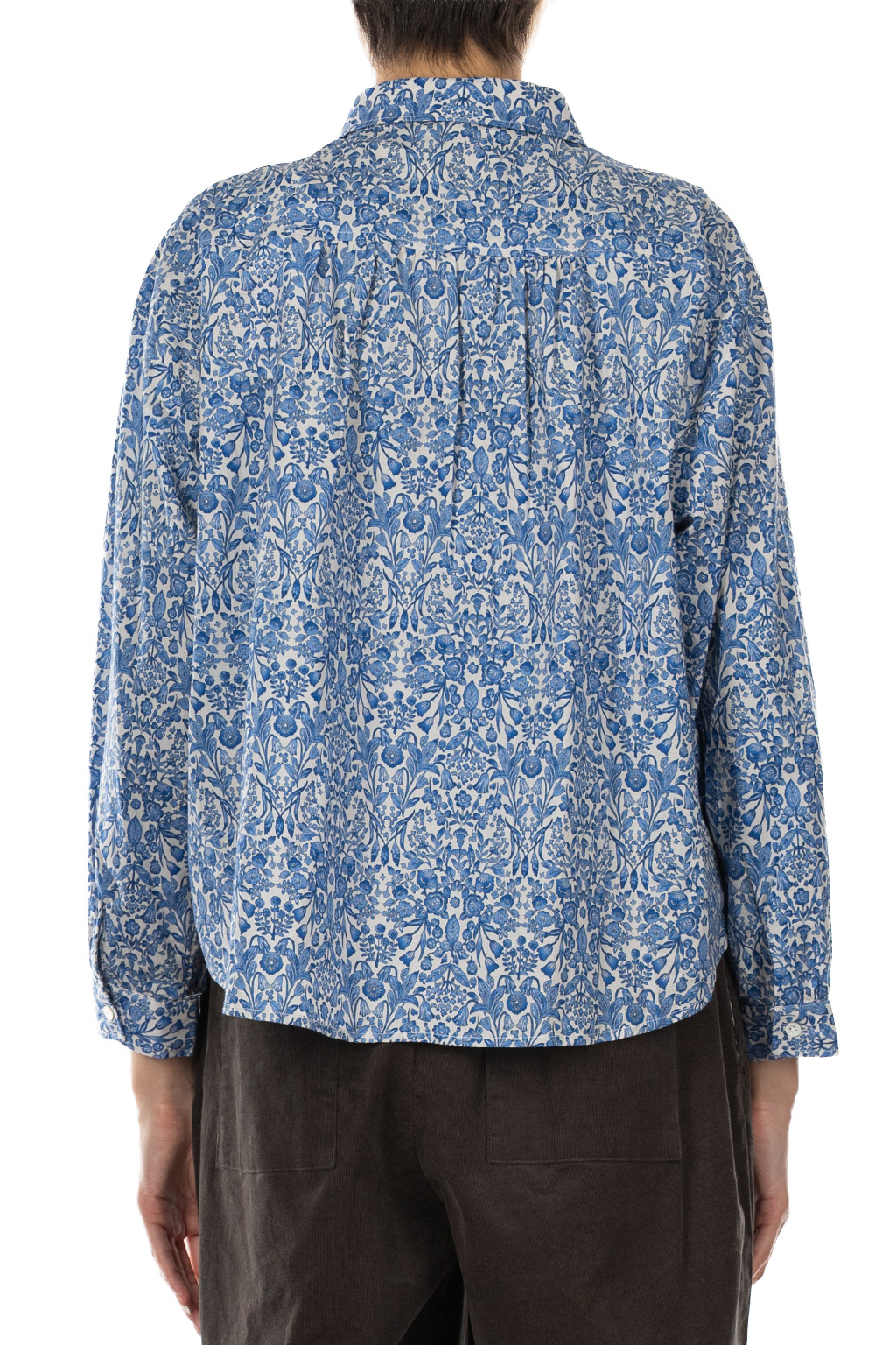 Nachukara - Cotton Printed Round-Collar Blouse - White x Blue