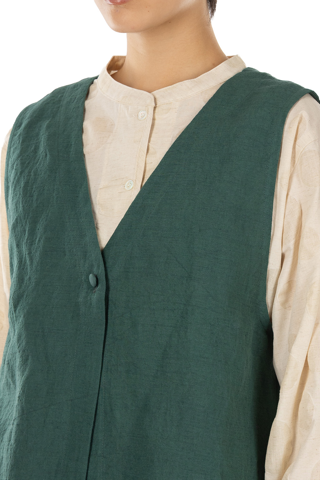 Nachukara - Linen Cotton Front-Open Vest - Green