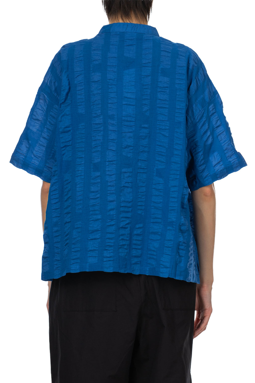 Nachukara - Ripple Stripe Band Collar Shirt - Blue