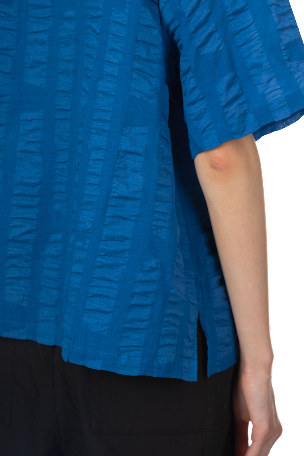 Nachukara - Ripple Stripe Band Collar Shirt - Blue