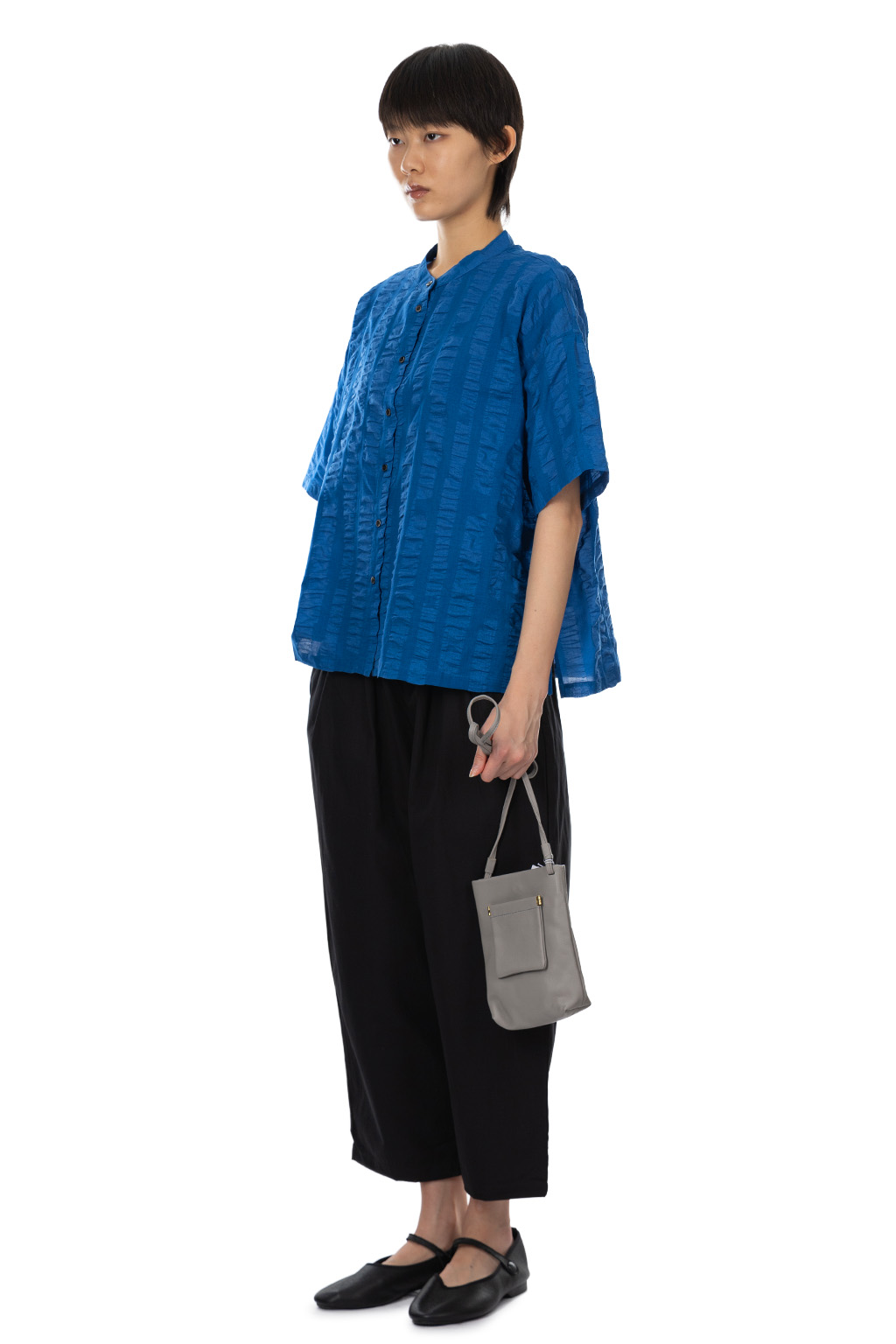 Nachukara - Ripple Stripe Band Collar Shirt - Blue