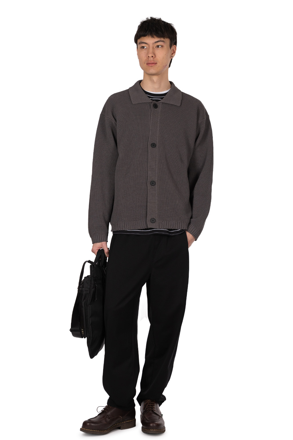 Still by hand - Paper mixed knit blouson - Brown Charcoal