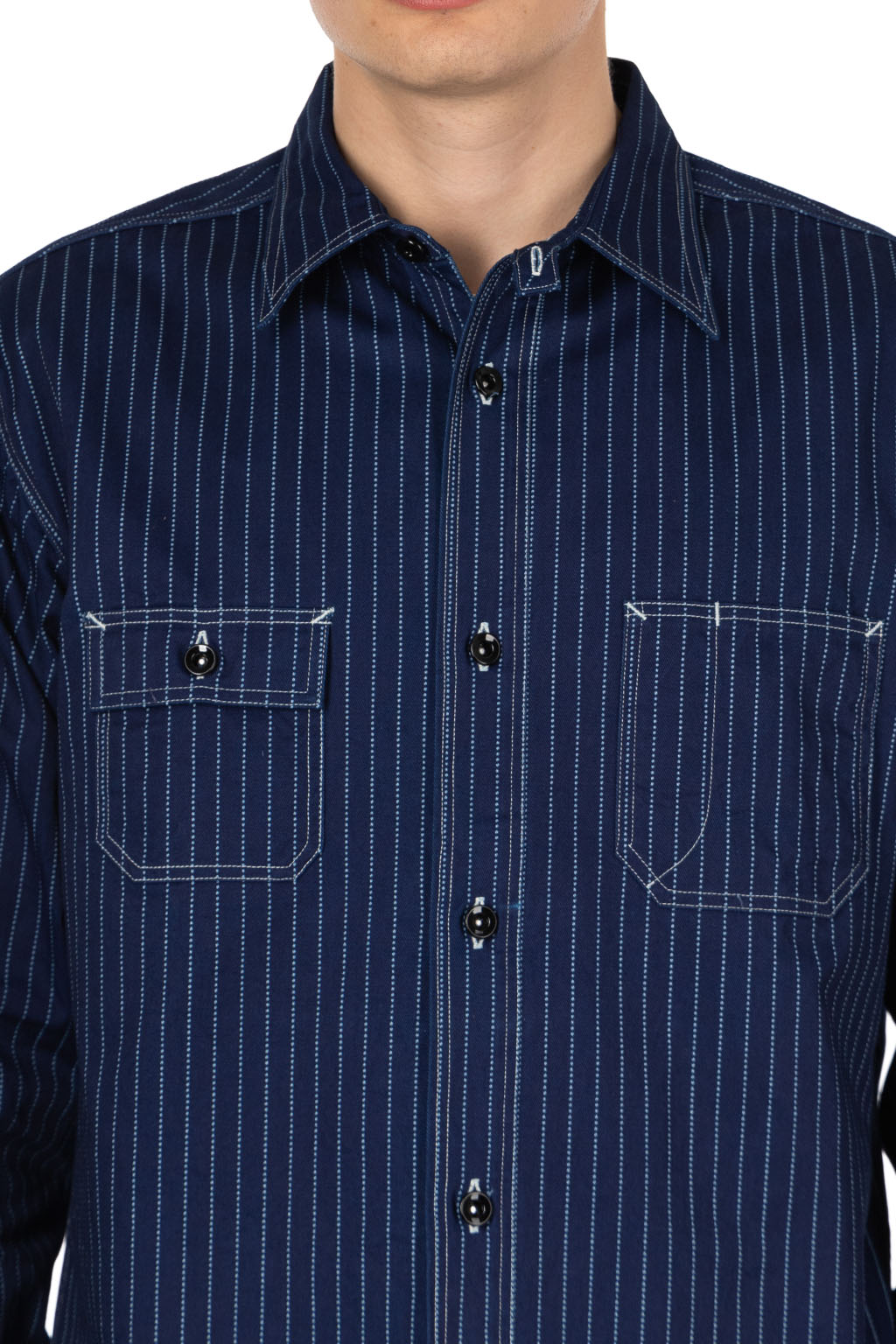 Sugar Cane - 8.5oz Wabash Stripe Work Shirt - Navy