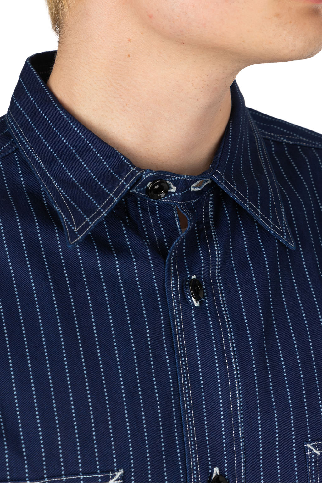 Sugar Cane - 8.5oz Wabash Stripe Work Shirt - Navy